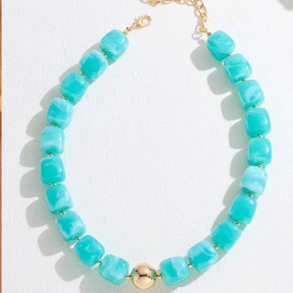 Turquoise Ocean Blue Bead Statement Necklace - Gold Accent new